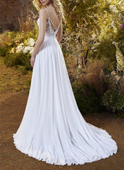 A Line V Neck Tulle Wedding Dress With Split Front/Appliques Lace