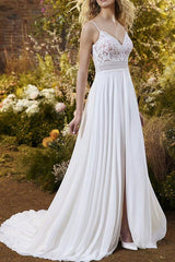 A Line V Neck Tulle Wedding Dress With Split Front/Appliques Lace