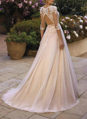 A Line V Neck Wedding Dress With 3/4 Sleeves Lace/Tulle Appliques Lace/Back Hole