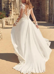 A Line V neck Long Sleeves Lace/Tulle Wedding Dress With Front Split
