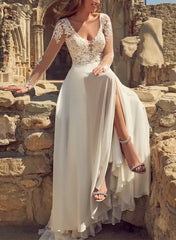 A Line V neck Long Sleeves Lace/Tulle Wedding Dress With Front Split