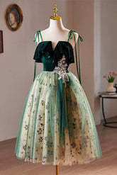 A Line Velvet Cocktail Dress Green Tulle Sequin Lace Short Party Cocktail Dress