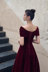 A Line Velvet Formal Dress Burgundy Off the Shoulder Tea Length Evening Dress
