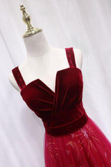 A Line Velvet Formal Dress Burgundy Tulle Lace Long Evening Dress