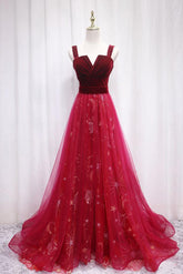 A Line Velvet Formal Dress Burgundy Tulle Lace Long Evening Dress