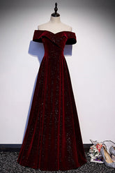 A Line Velvet Formal Dress Off the Shoulder Burgundy Long Evening Dress