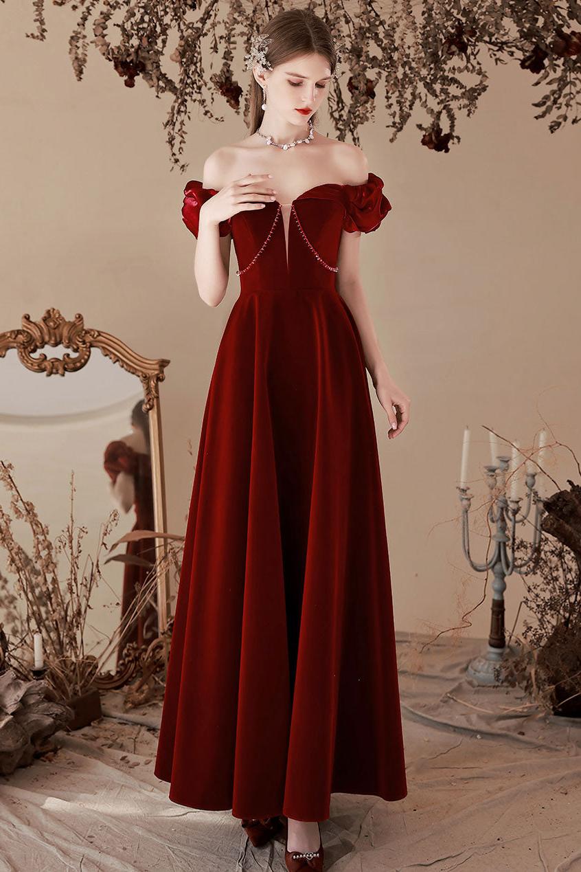 A Line Velvet Formal Dress Off the Shoulder Burgundy Long Tea Evening Dress