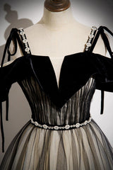 A Line Velvet Formal Dress Off the Shoulder Tulle Black Long Evening Dress