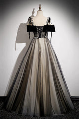 A Line Velvet Formal Dress Off the Shoulder Tulle Black Long Evening Dress