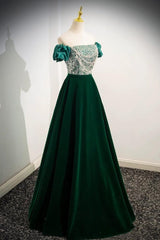 A Line Velvet Formal Dress Sequin Beaded Green Long Christmas Party Dress