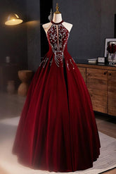 A Line Velvet Formal Dress Sequin Burgundy Long Evening Dress
