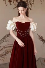 A Line Velvet Formal Dress Sweetheart Neck Burgundy Long Evening Dress