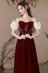 A Line Velvet Formal Dress Sweetheart Neck Burgundy Long Evening Dress