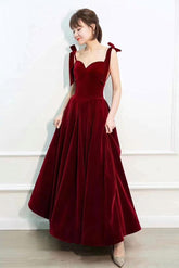 A Line Velvet Formal Dress Sweetheart Neck Burgundy Long Evening Dress