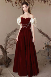 A Line Velvet Formal Dress Sweetheart Neck Burgundy Long Evening Dress