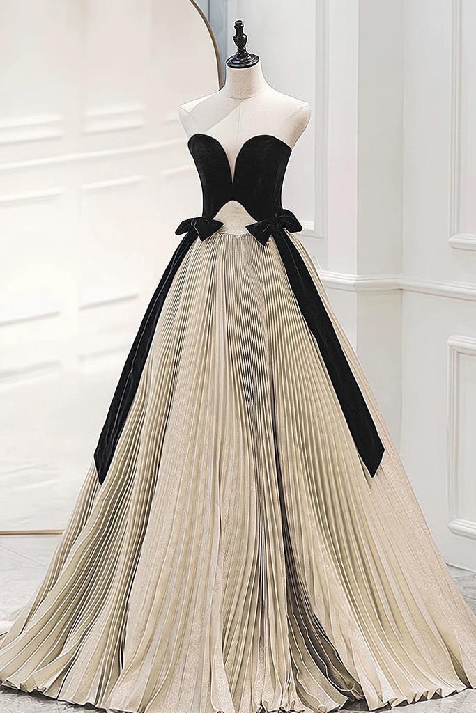 A Line Velvet Formal Dress Sweetheart Neck Satin Champagne Long Evening Dress