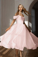 A Line Wedding Dress Cap Sleeve Off the Shoulder Organza Tea Length Formal Gown