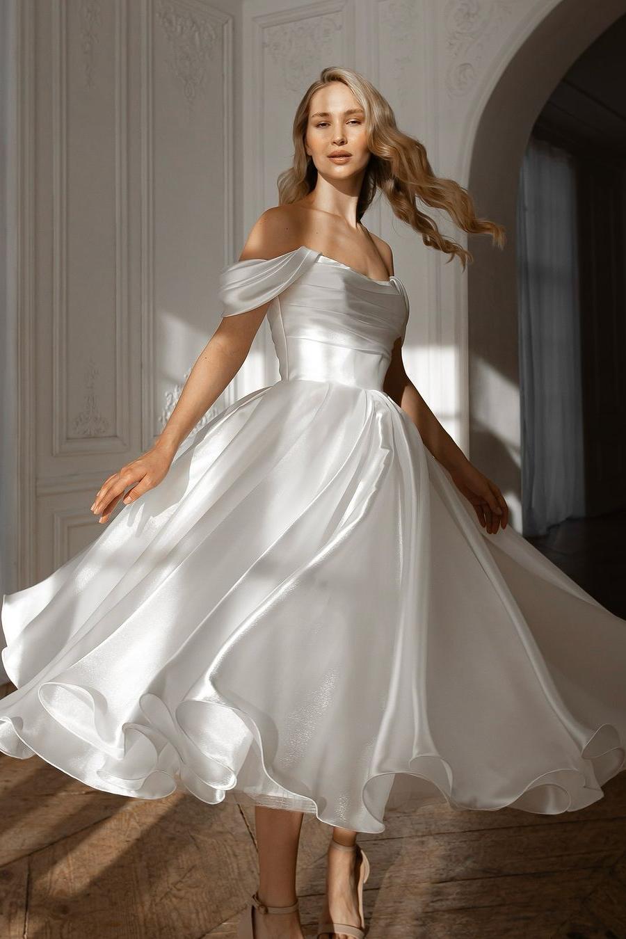 A Line Wedding Dress Cap Sleeve Off the Shoulder Organza Tea Length Formal Gown