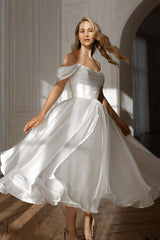 A Line Wedding Dress Cap Sleeve Off the Shoulder Organza Tea Length Formal Gown