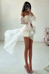 A Line Wedding Dress Long Sleeve Off the Shoulder Ruffled High Low Beach Bridal Gown