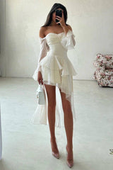 A Line Wedding Dress Long Sleeve Off the Shoulder Ruffled High Low Beach Bridal Gown