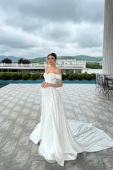 A Line Wedding Dress Off The Shoulder Sleeveless Appliques Lace White Bridal Gown