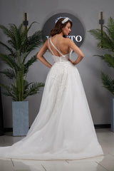 A Line Wedding Dress One Shoulder Sleeveless Appliques Tulle Bridal Gown Woman