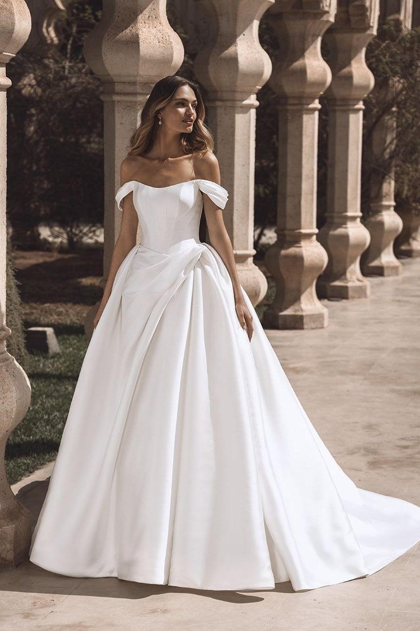 A Line Wedding Dress Satin Off the Shoulder Bridal Gown