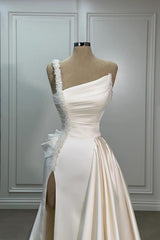 A Line Wedding Dress Satin One Shoulder Sleeveless Bridal Gown With Ruffles Split Front