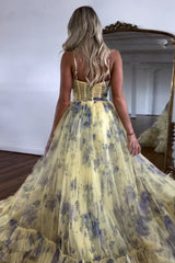 A Line Yellow Prom Dress Spaghetti Straps Floral Tulle Long Wedding Party Dress