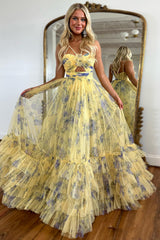 A Line Yellow Prom Dress Spaghetti Straps Floral Tulle Long Wedding Party Dress