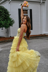 A Line Yellow Prom Dress Strapless Corset Tiered Tulle Party Dress with Appliques