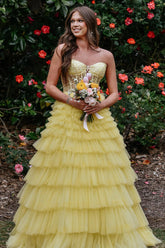 A Line Yellow Prom Dress Strapless Corset Tiered Tulle Party Dress with Appliques