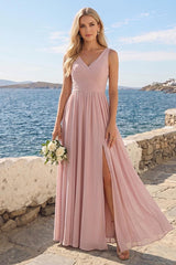 A-Line/Princess Chiffon V-Neck Sleeveless With Pleats Floor-Length Lace Up Bridesmaid Dresses