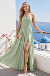 A-Line/Princess Halter Long Bridesmaid Dresses with Split Side