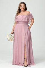 A-Line/Princess Off-the-Shoulder Short Sleeves Chiffon Split Side Plus Size Bridesmaid Dresses with Pockets