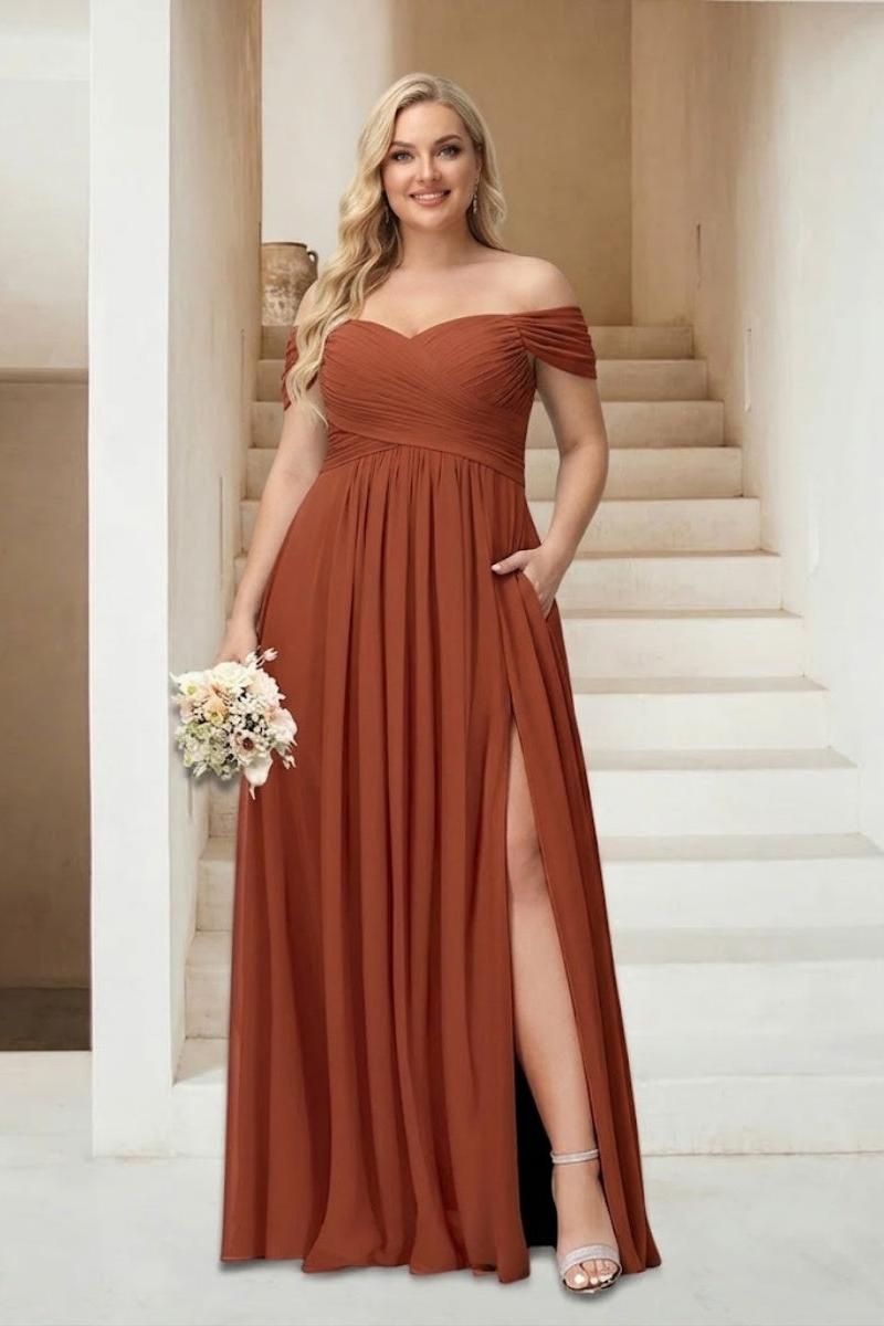 A-Line/Princess Off-the-Shoulder Sleeveless Chiffon Plus Size Bridesmaid Dresses with Pockets