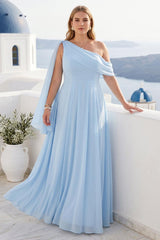 A-Line/Princess One-Shoulder Floor-Length Plus Size Bridesmaid Dresses With Watteau Train