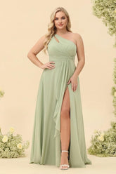 A-Line/Princess One-Shoulder Long Bridesmaid Plus Size Dresses with Split Side