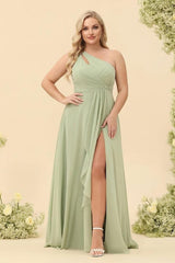 A-Line/Princess One-Shoulder Long Bridesmaid Plus Size Dresses with Split Side