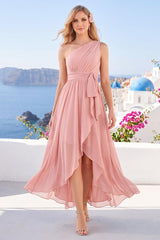 A-Line/Princess One-Shoulder Long Wedding Party Dresses with Sash