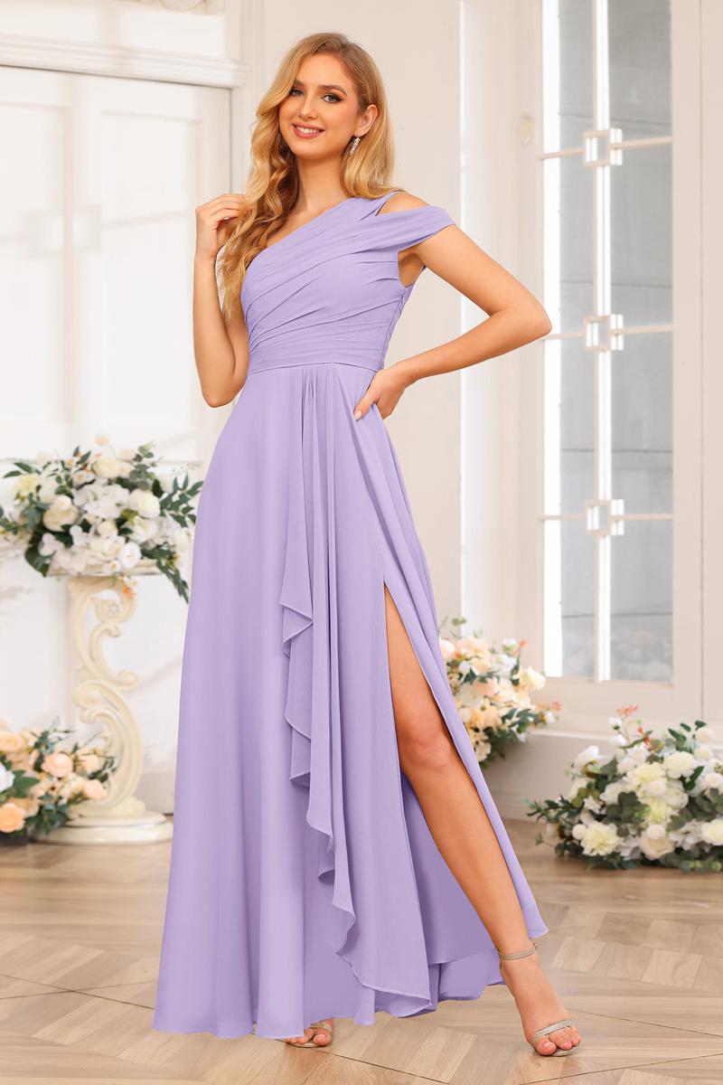 A-Line/Princess One-Shoulder Long Wedding Party Dresses with Split Side
