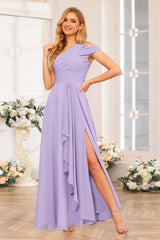 A-Line/Princess One-Shoulder Long Wedding Party Dresses with Split Side
