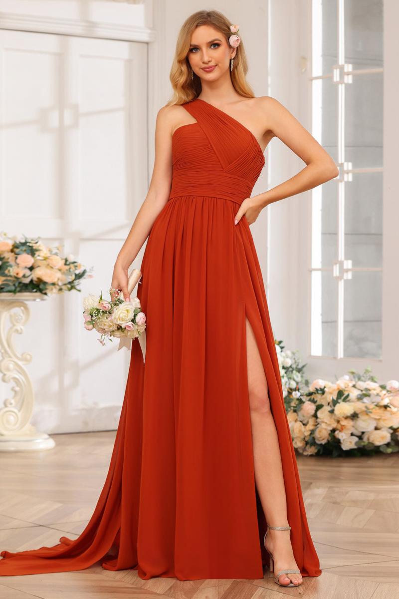 A-Line/Princess One-Shoulder Long Wedding Party Dresses with Watteau Train