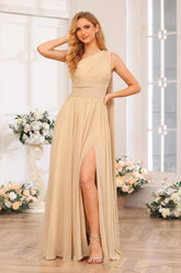 A-Line/Princess One-Shoulder Long Wedding Party Dresses with Watteau Train