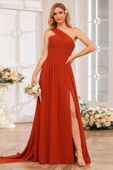 A-Line/Princess One-Shoulder Long Wedding Party Dresses with Watteau Train