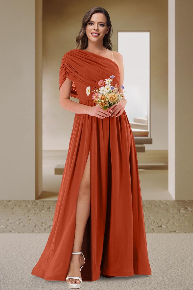 A-Line/Princess One-Shoulder Ruched Satin Bridesmaid Dresses with Side Slit