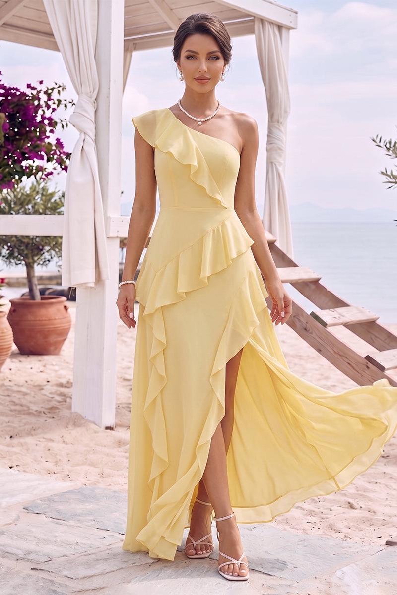 A-Line/Princess One-Shoulder Sleeveless Floor-Length Bridesmaid Dresses with Ruffles & Split Side