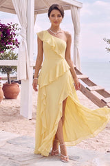 A-Line/Princess One-Shoulder Sleeveless Floor-Length Bridesmaid Dresses with Ruffles & Split Side
