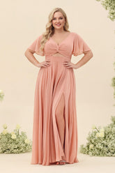 A-Line/Princess Ruffles V-Neck Short Sleeves Plus Size Bridesmaid Dresses With Bowknot